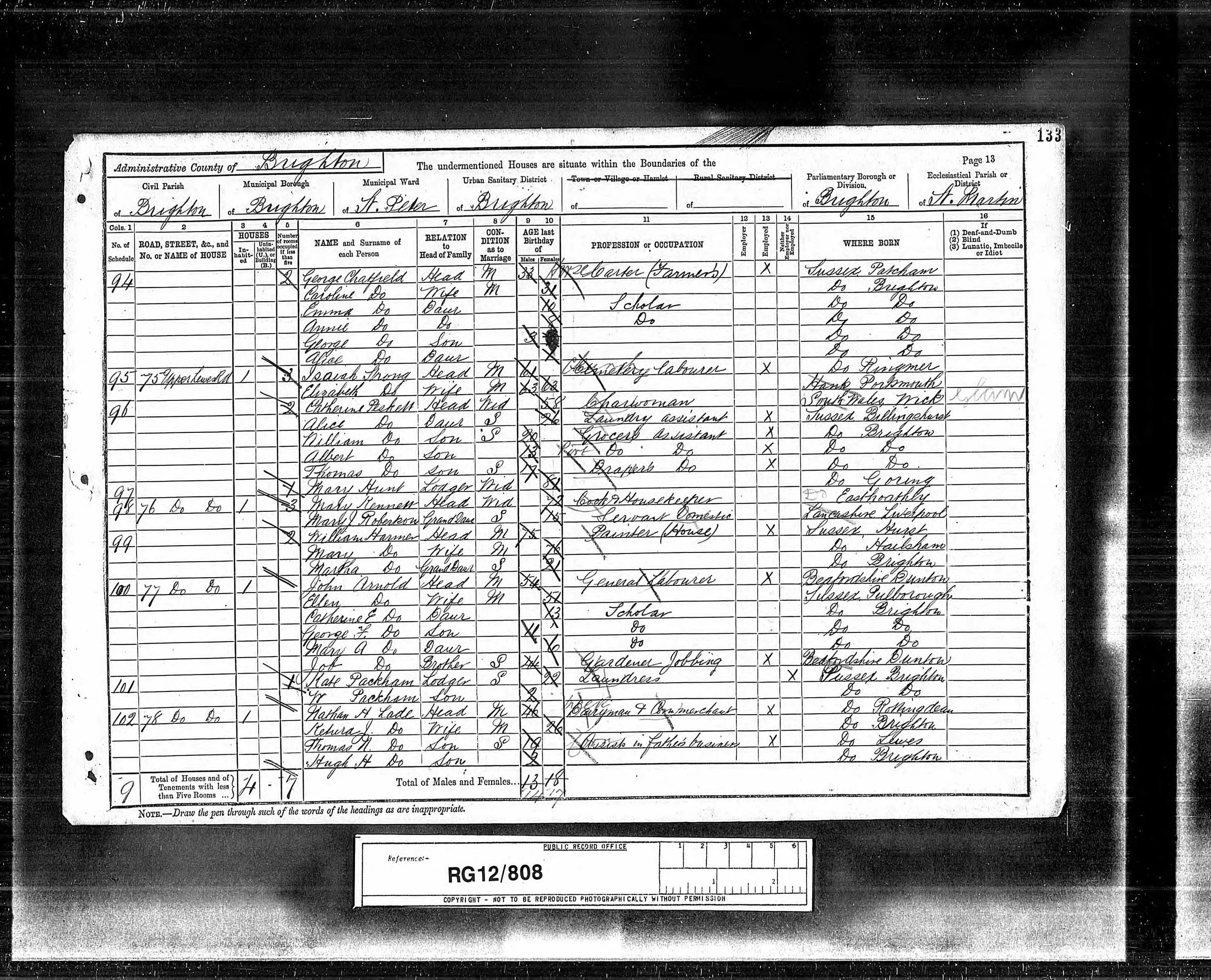 1891 Brighton census, Mary Kennett with granddaughter Mary J. Robertson