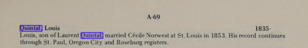 Munnick annotation A-69 — Louis Quintal Jr. 1853 marriage, placing another Quintal child in the Oregon record