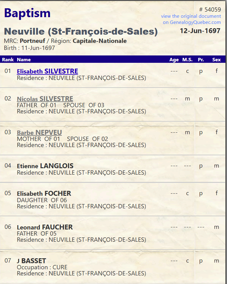 PRDH Baptism Élisabeth Isabelle