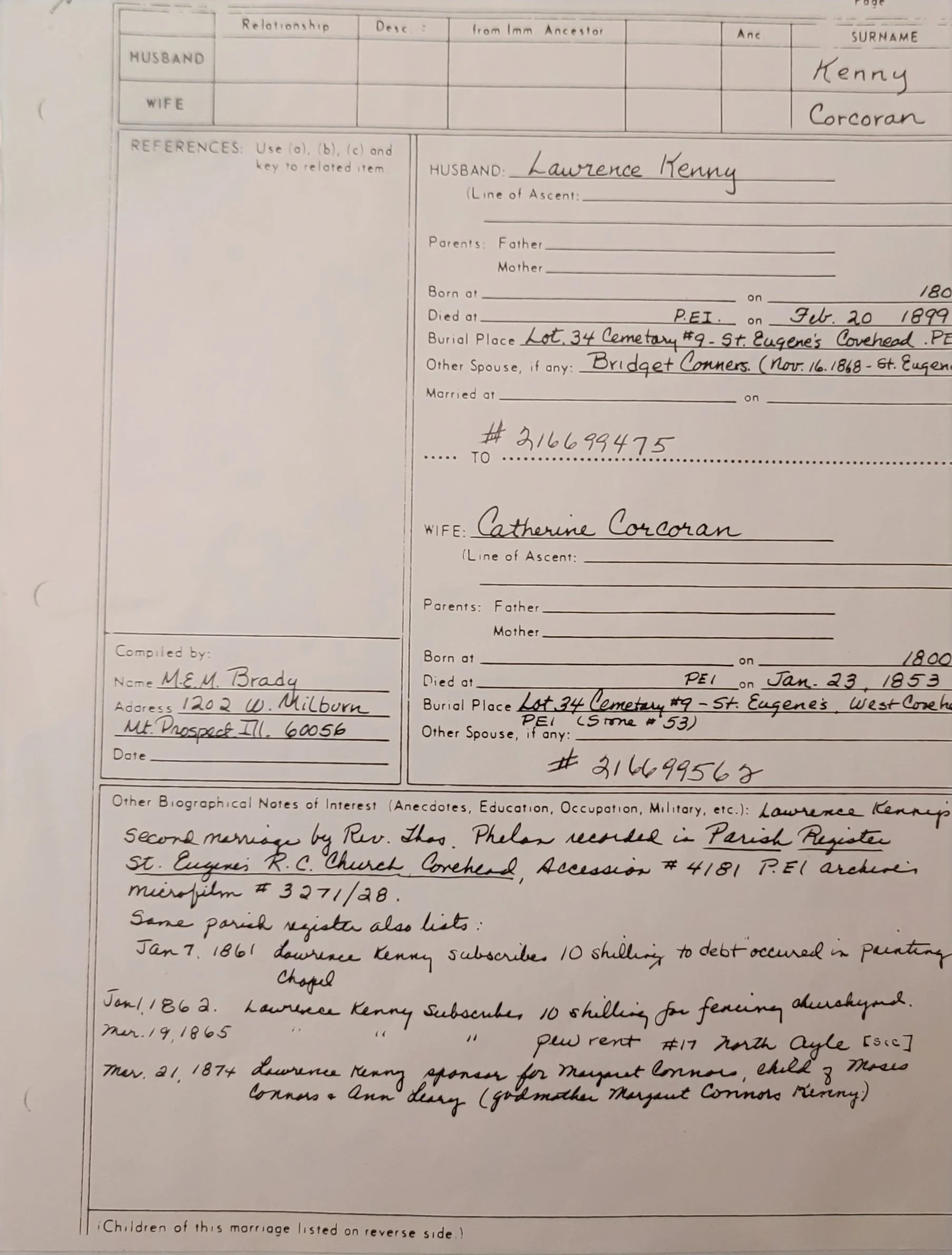 Family Group Sheet Lawrence Kenny