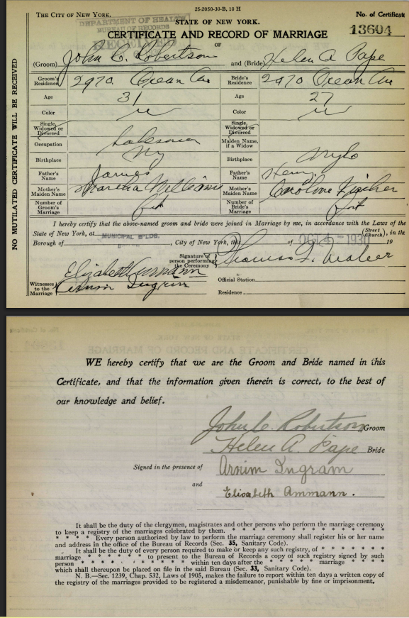 1930 New York City marriage certificate of John C Robertson and Helen Pape