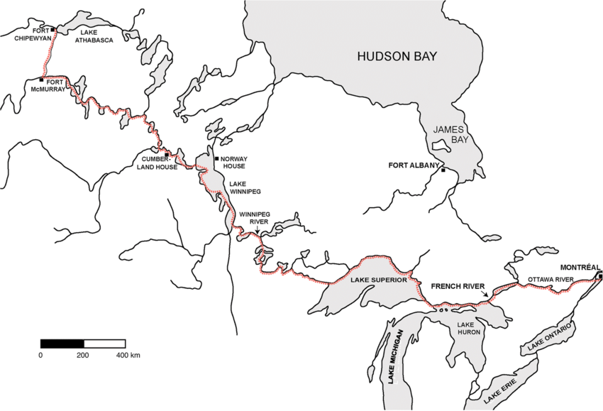Map of the Voyageurs Highway showing the canoe route from Montreal to Fort Chipewyan