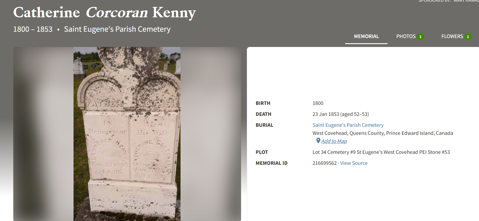 Find A Grave memorial for Catherine Corcoran Kenny