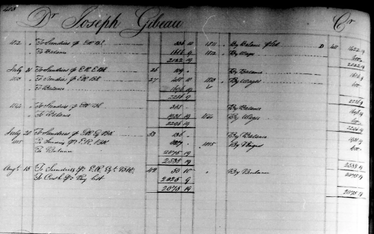 HBCA F.4/32, page 403 — the NWC General Ledger account for Joseph Gibeau, 1812 to 1816 — showing multi-year annual cycles of wages and sundry purchases, placing Gabriel's son in the North West Company trade at approximately age fifteen