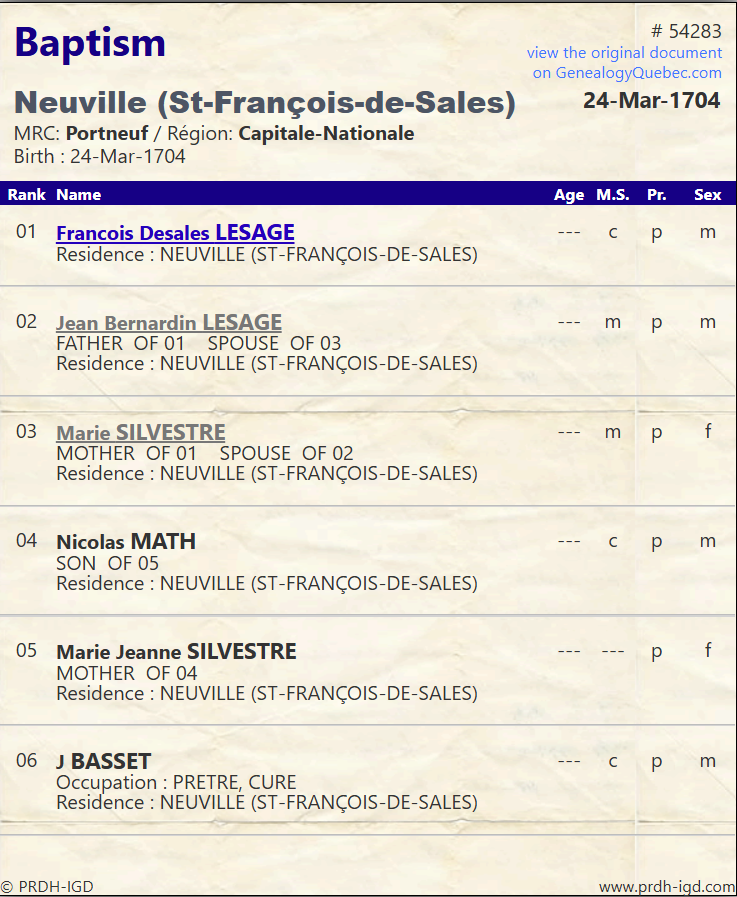 PRDH Baptism Francois Desales Lesage