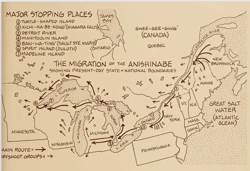 Map showing the Migration of the Anishinabe from the Atlantic coast to the Great Lakes