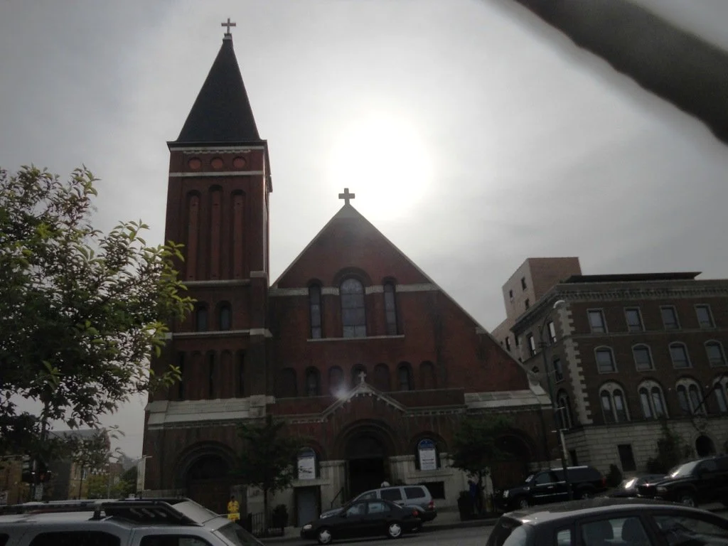 St. Pius V Church, Chicago, exterior view showing red brick Romanesque Revival architecture