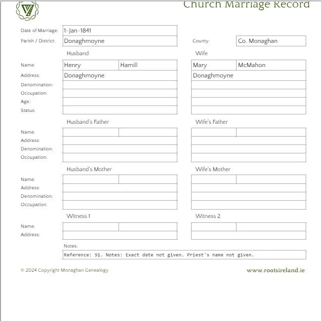 1841 Marriage Record - Henry Hamill & Mary McMahon