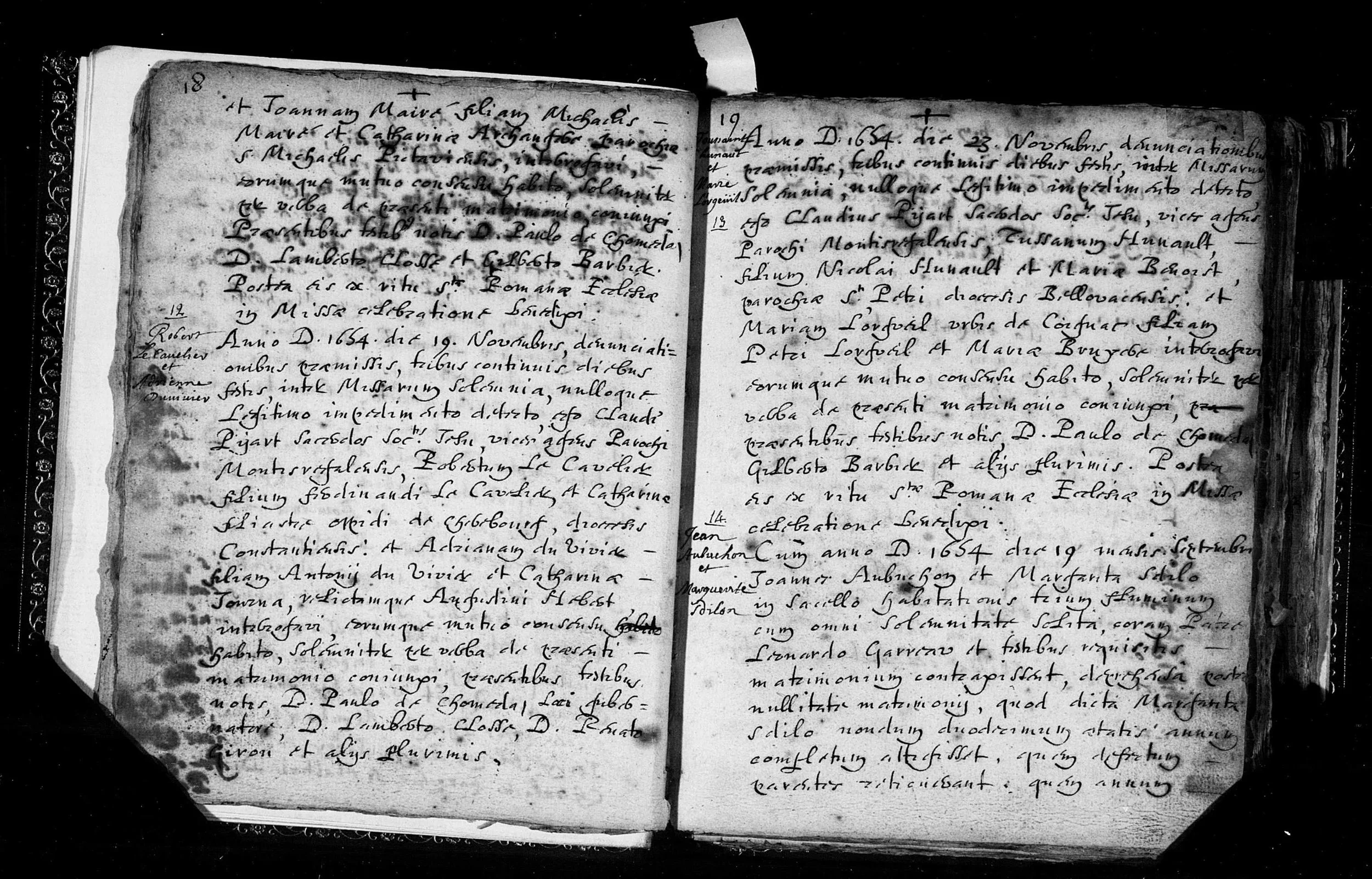 Marie d'Orgueil and Toussaint Hunault marriage record, 1654, Notre-Dame de Montréal