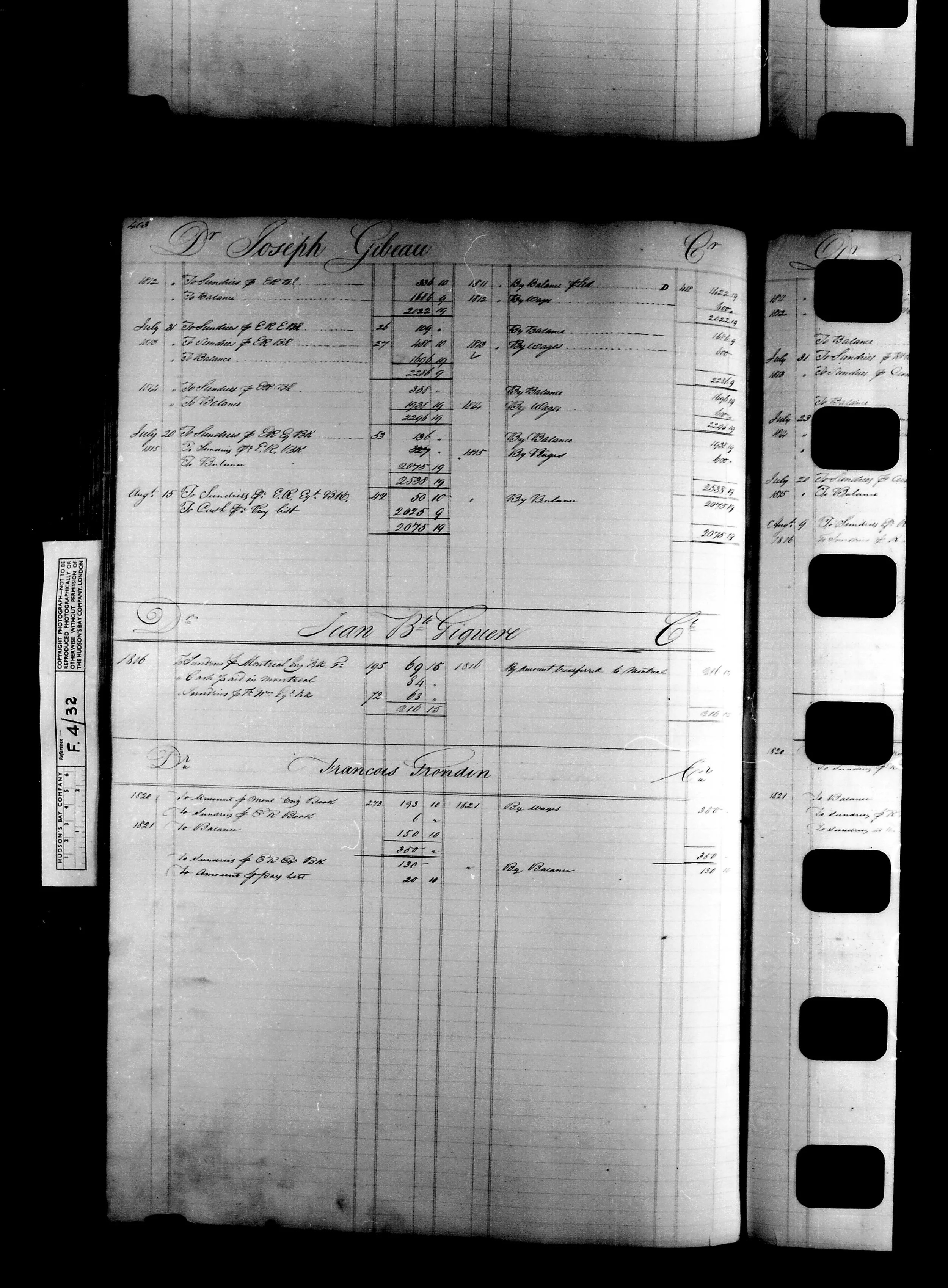 HBCA F.4/32 page 403 — Joseph Gibeau NWC General Ledger account 1812 to 1816 showing annual cycles of wages and sundries