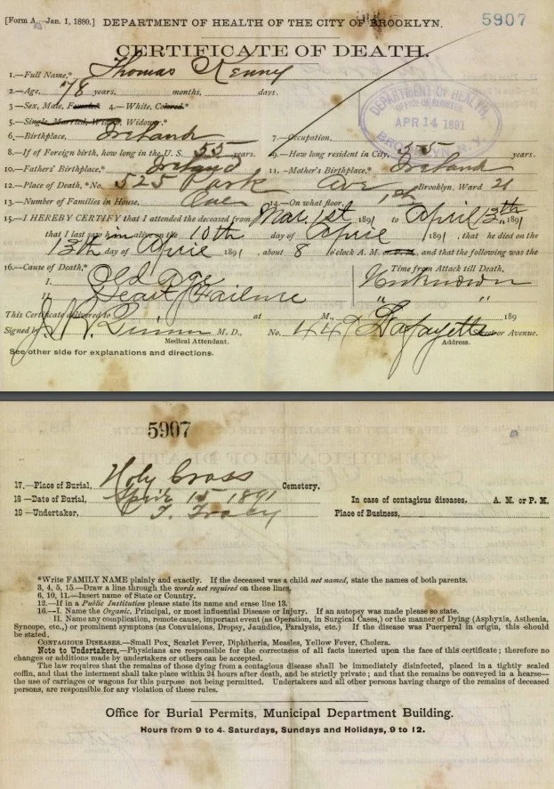 Thomas Kenny certificate of death, 1891