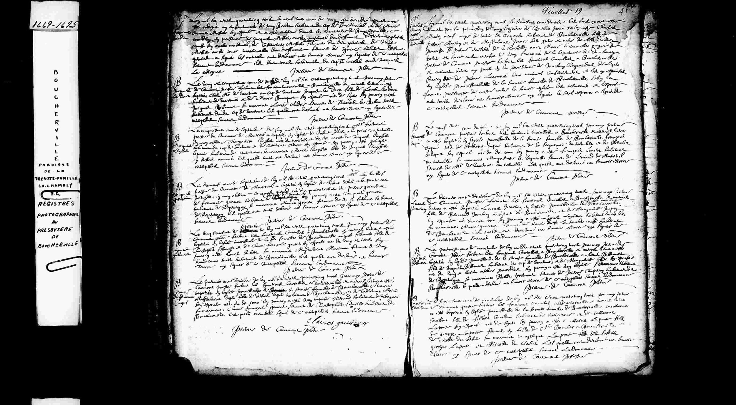 Baptism register entry for Antoine Couillau, Boucherville (Très-Sainte-Famille), 7 November 1683