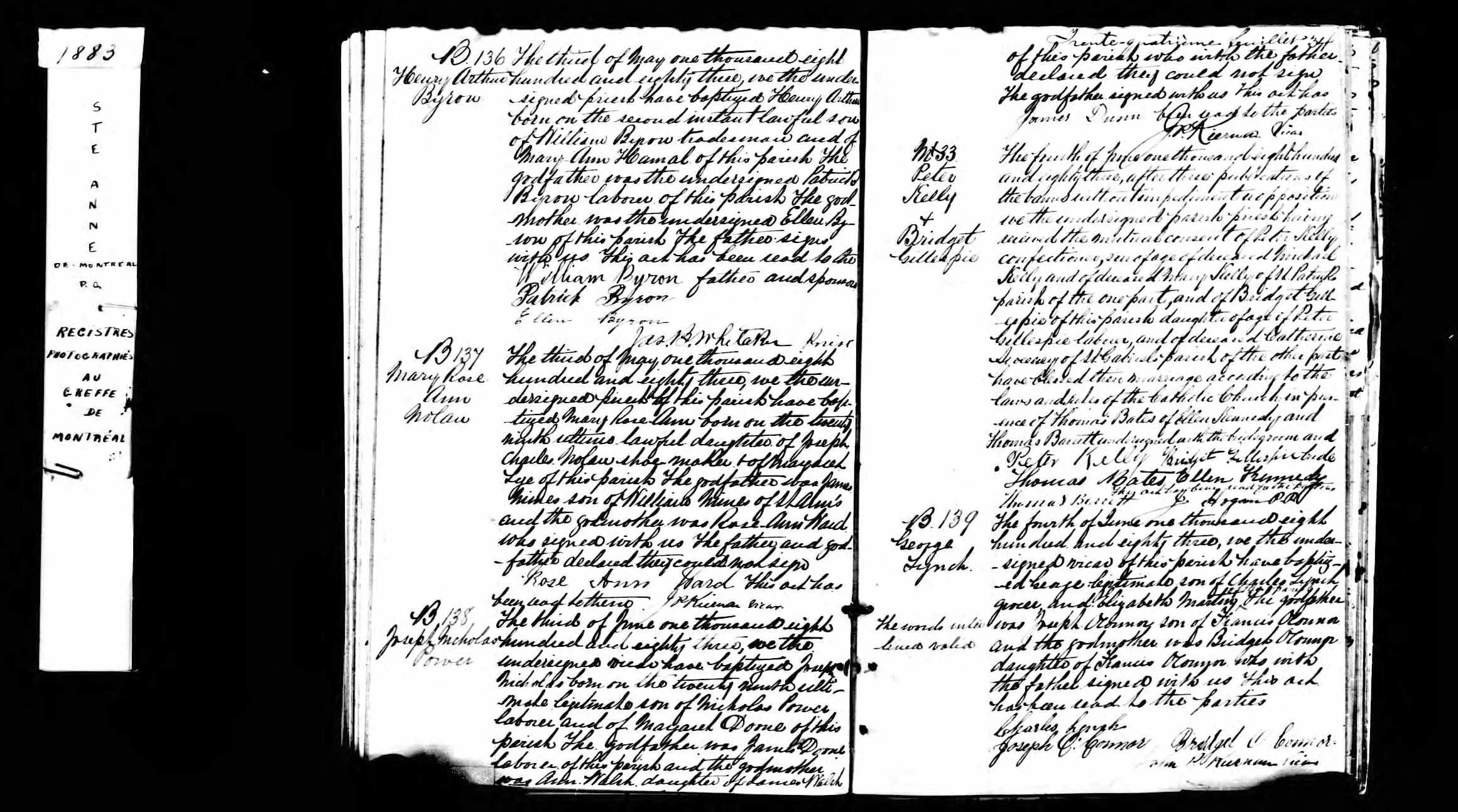 Henry Arthur Byron baptism record, May 1883, St. Anne's Church