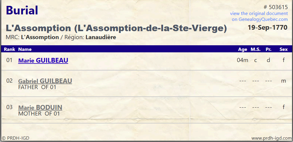 PRDH Burial Marie 1770