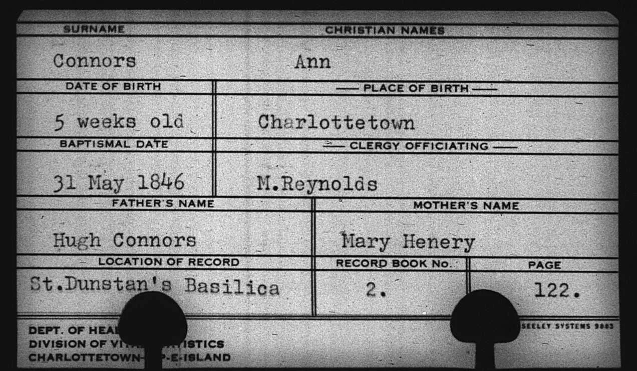 Baptism record for Ann Connors, 1846