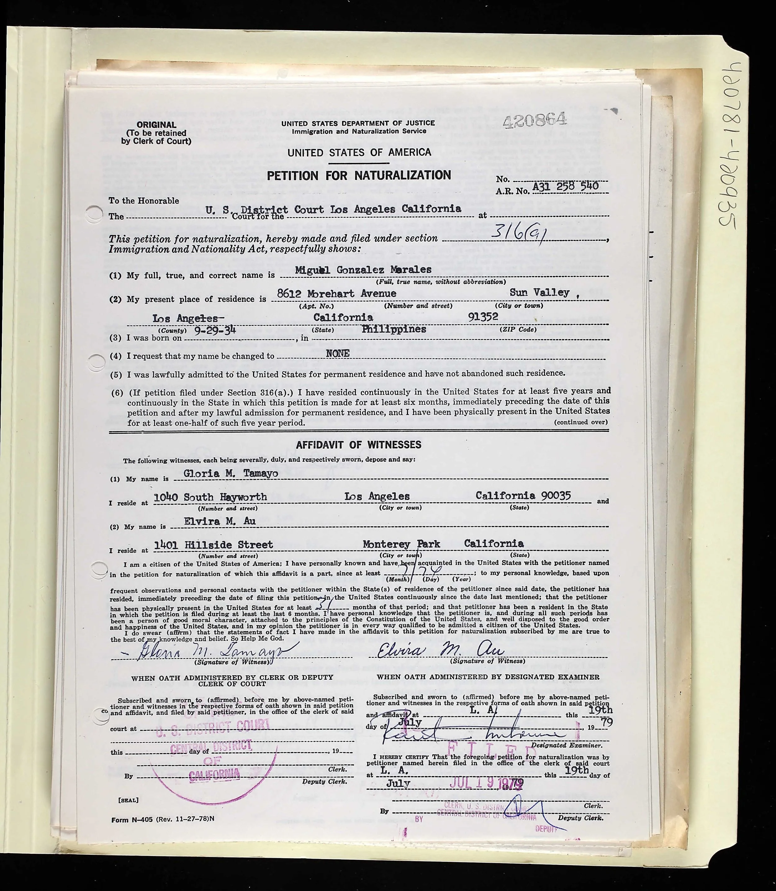 1979 Petition for Naturalization, Miguel Gonzales Morales