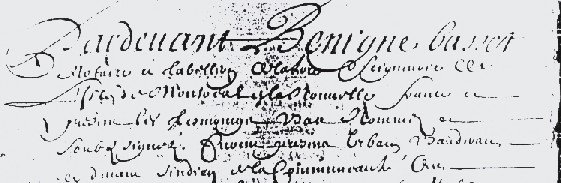 1667 Basset land sale, page 1 — Philibert Couillaud with soldiers of the Company of Contrecoeur