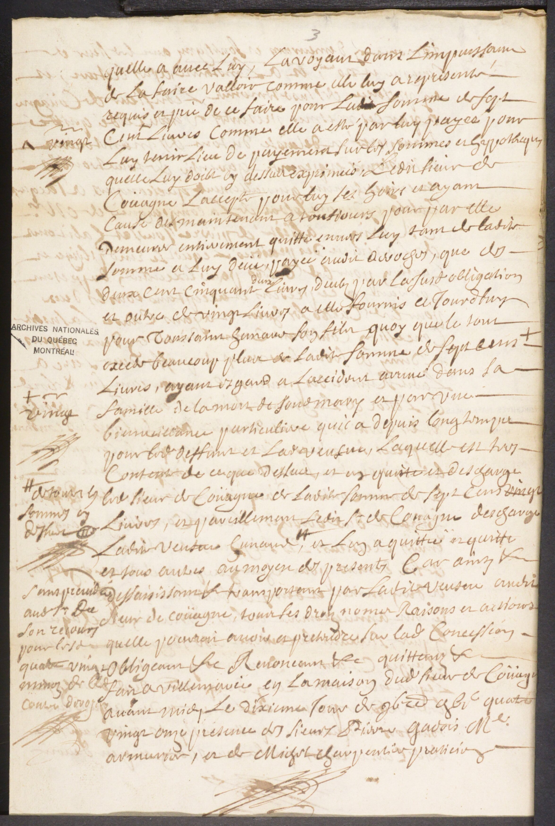Folio of Maugue Act 2492, 10 November 1691, reciting Couagne's benevolence toward the widow after her husband's death