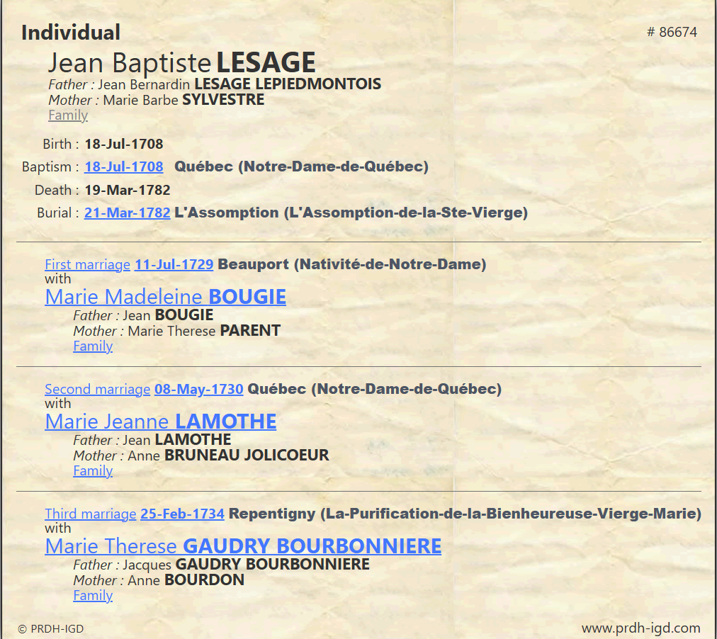 PRDH Individual Jean Baptiste Lesage #3