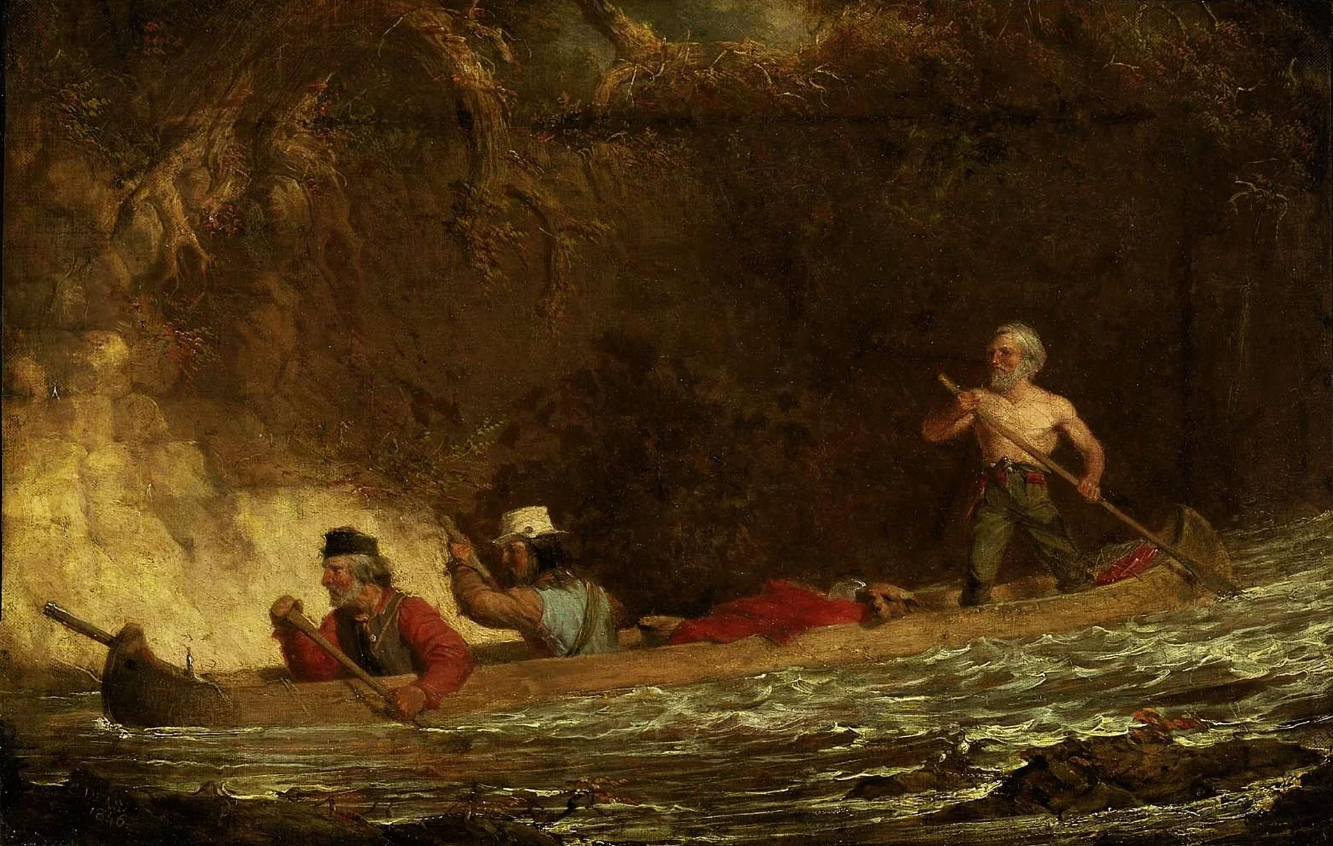 Charles Deas painting The Voyageurs showing men navigating rapids