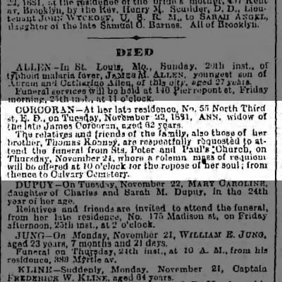 Death notice of Ann Corcoran, widow of James Corcoran, Brooklyn Daily Eagle, 23 November 1881, naming her brother Thomas Kenney
