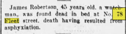 1906 Brooklyn newspaper report of James P Robertson, night watchman, age 60
