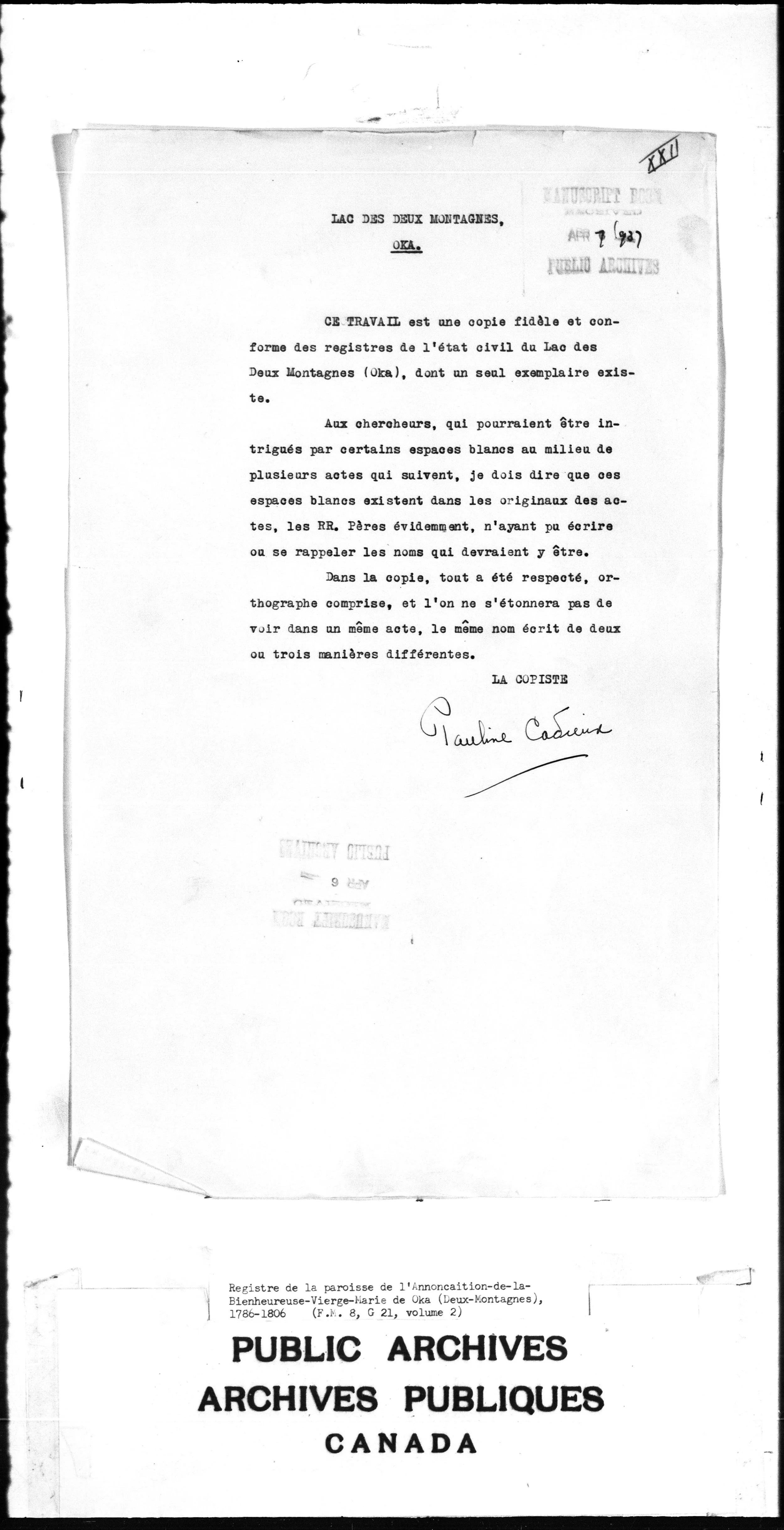 Cadieux preface page XXI