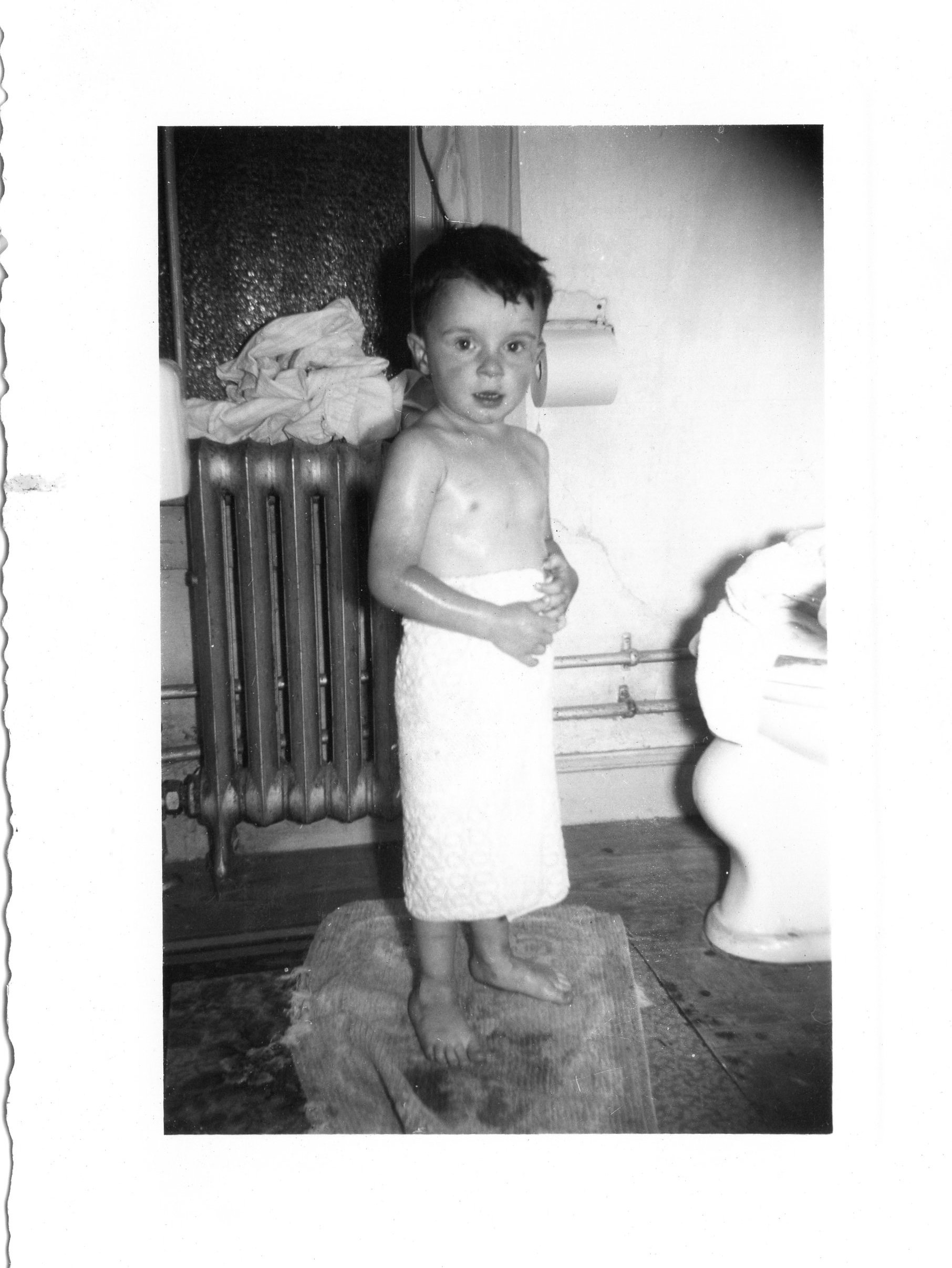 Mike after bath, wrapped in a towel