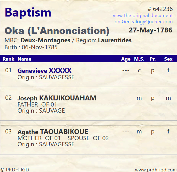 PRDH record for May 27 1786 baptism showing godmother listed as Genevieve XXXXX