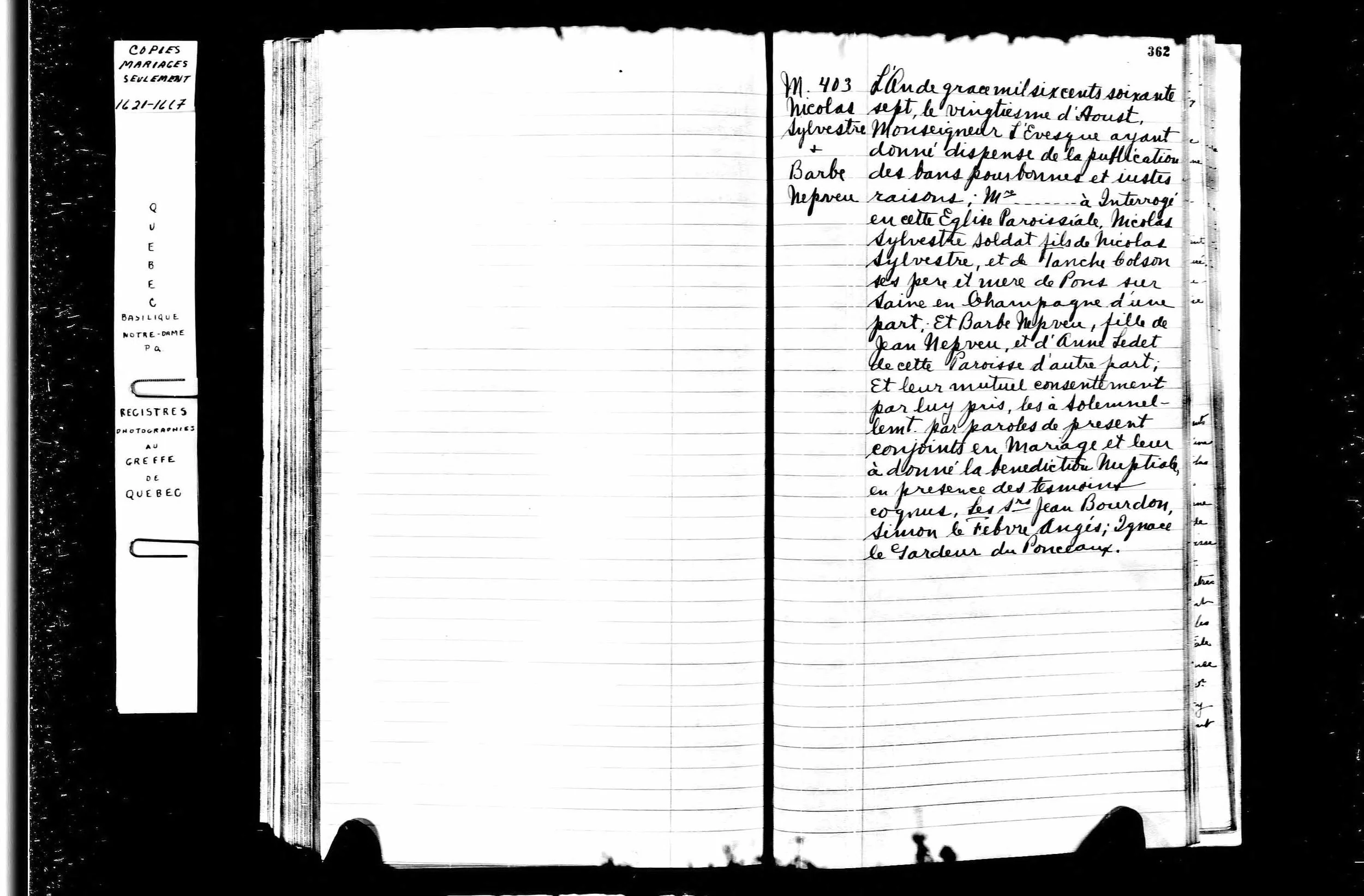 Marriage Banns Nicolas Sylvestre and Barbe Nepveu