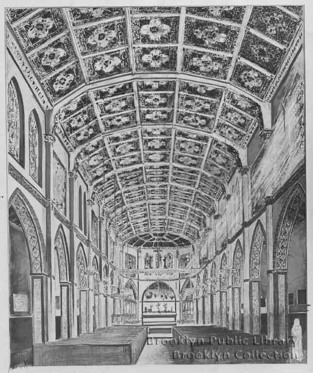 1912 rendering of St. Gabriel's Church interior showing vaulted ceiling and sanctuary