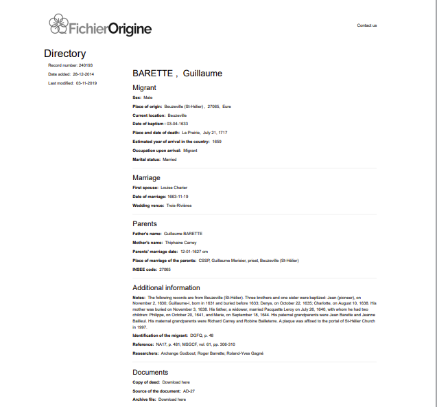 FichierOrigine record for Guillaume Barette