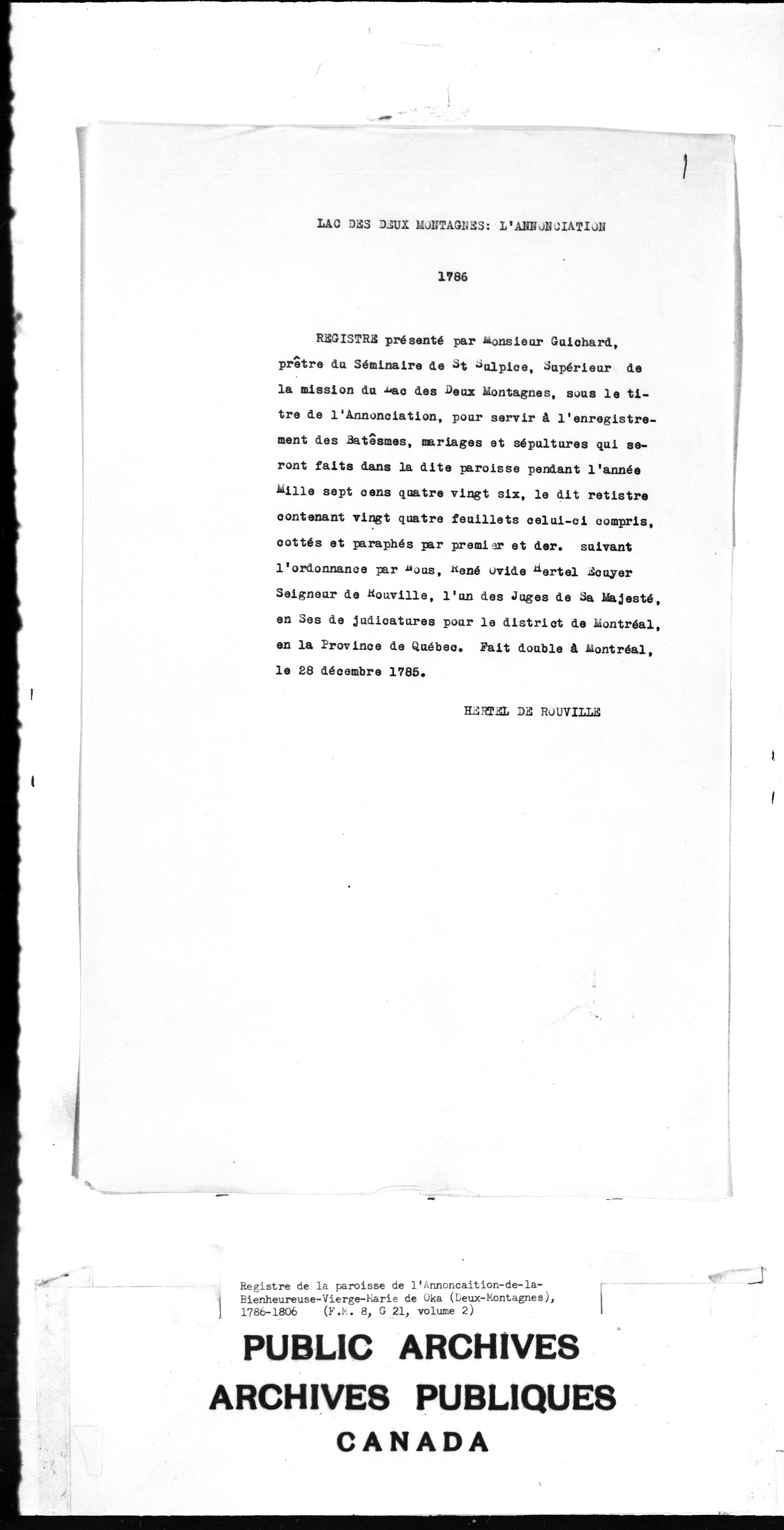 Volume 2 opening page signed Hertel de Rouville Fait double à Montréal