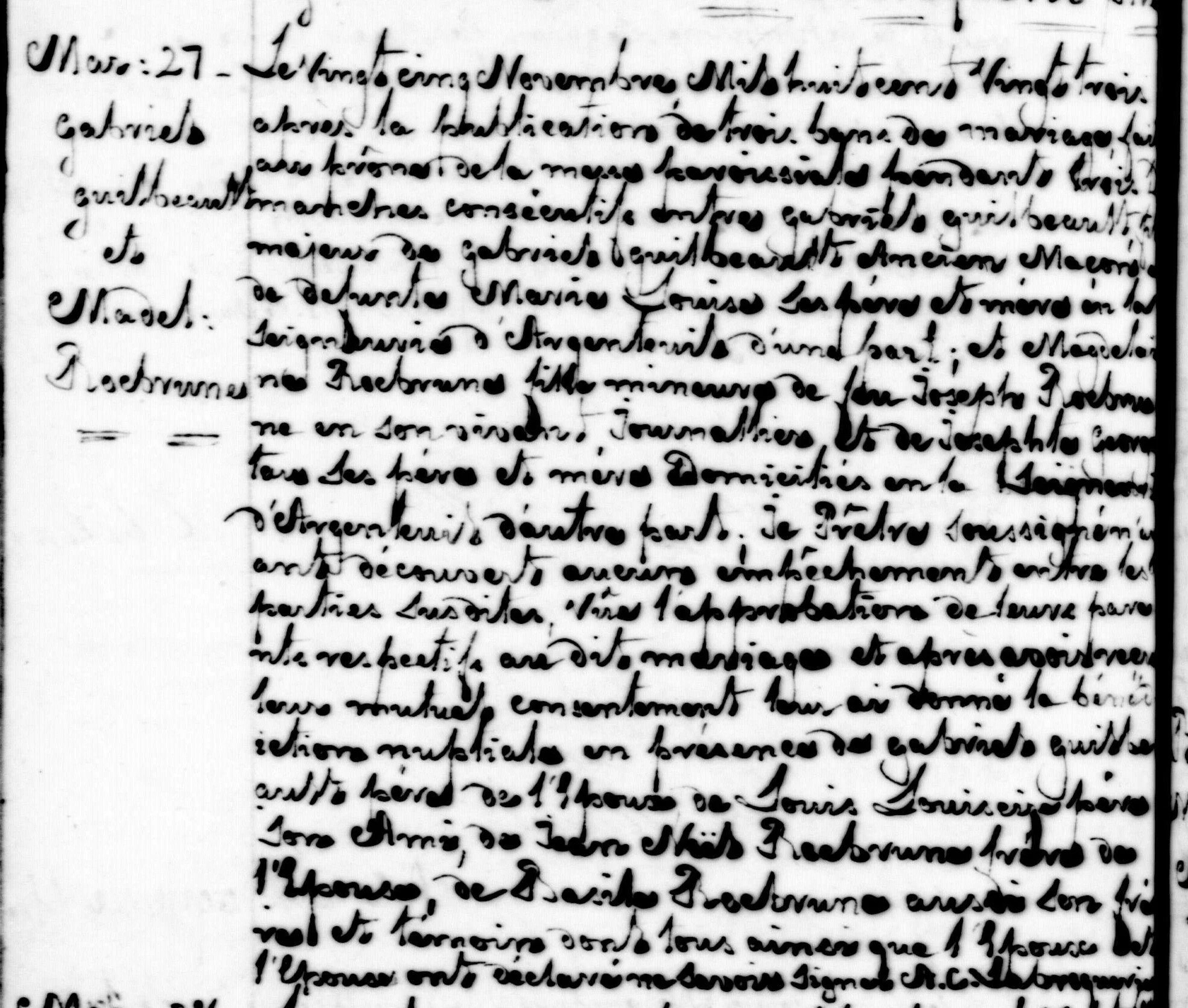 Marriage register entry, Rigaud, 25 November 1823 — Gabriel Guilbault and Madeleine Rocbrune, daughter of the late Joseph Rocbrune