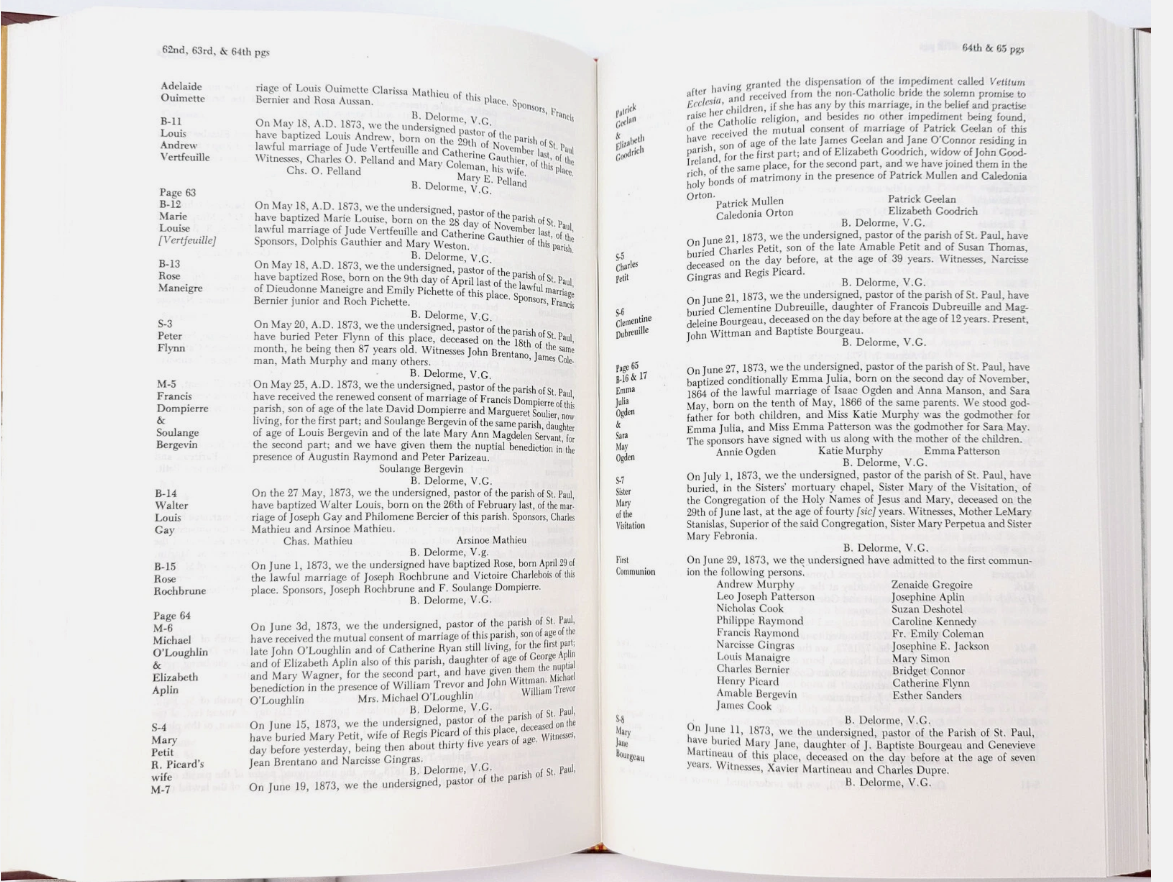 Interior pages of Catholic Church Records of the Pacific Northwest: St. Paul, Oregon showing Munnick's transcription format with margin reference codes, transcribed register entries, and biographical annotations