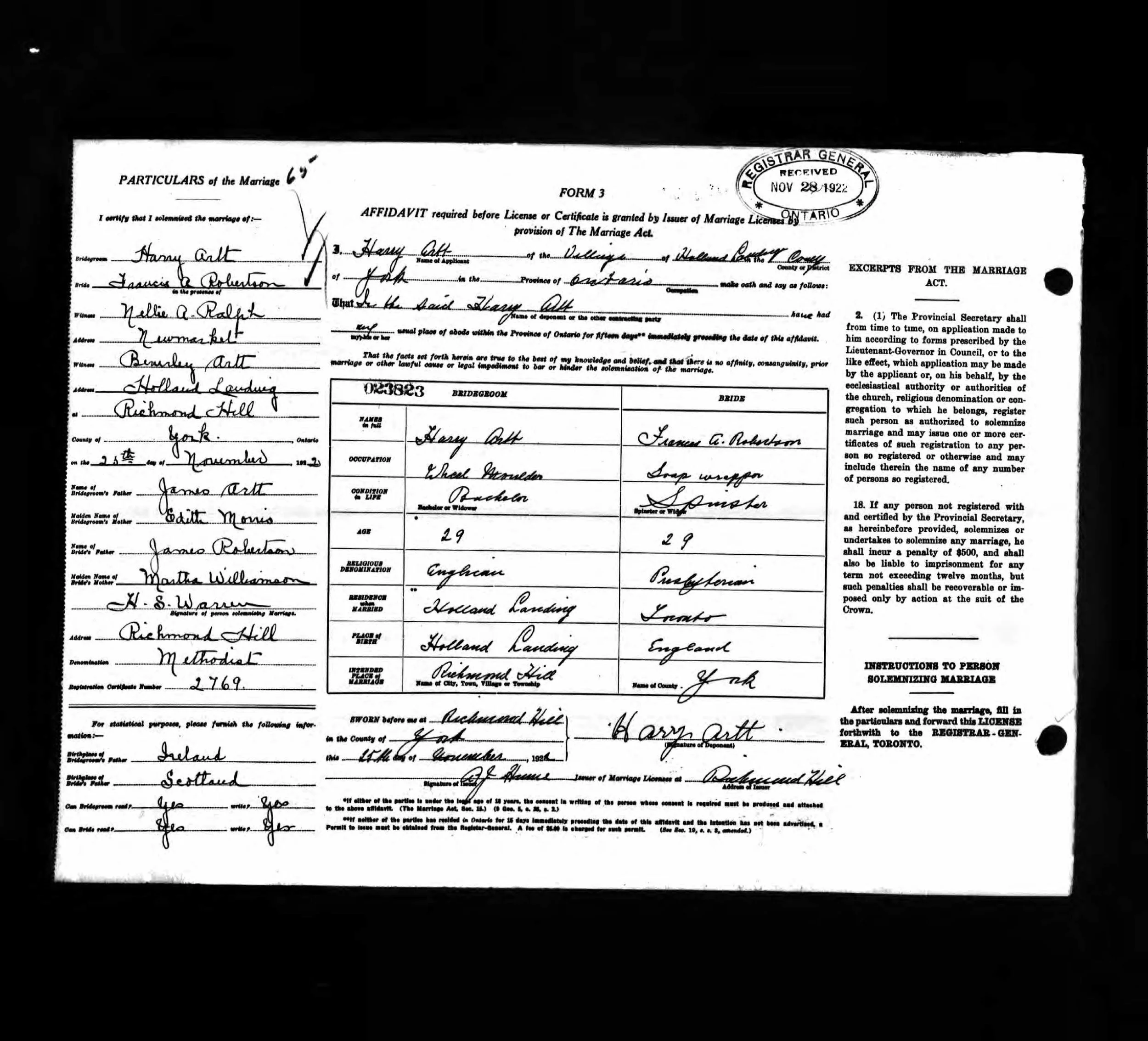 1922 Ontario marriage of Frances Ann Robertson to Harry Artt