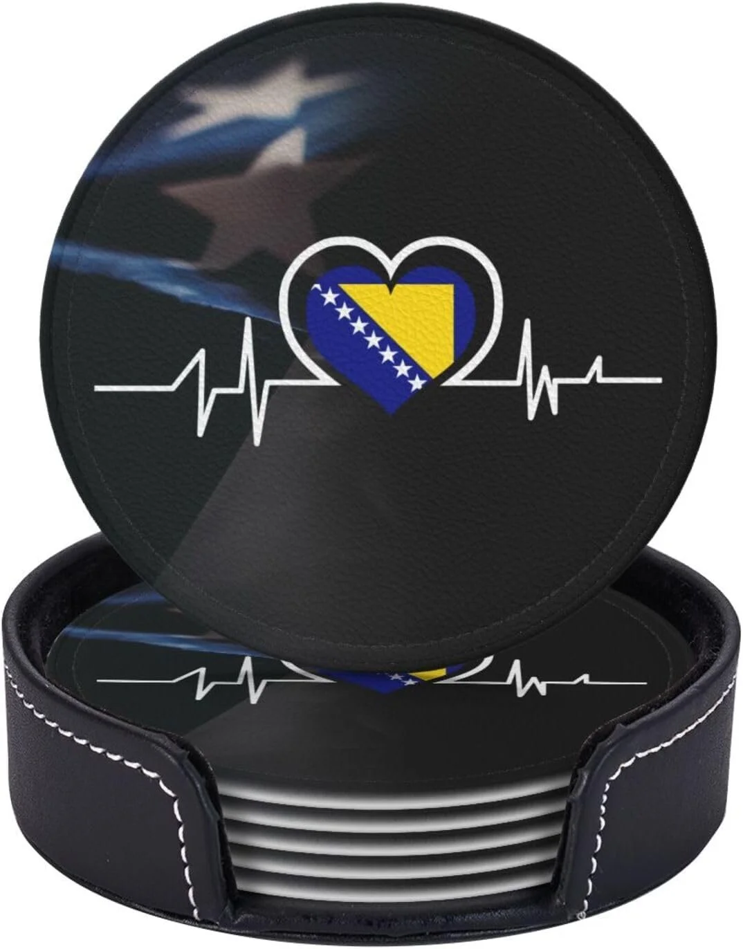 Bosnia and Herzegovina Flag Heartbeat Faux Leather Coasters Set