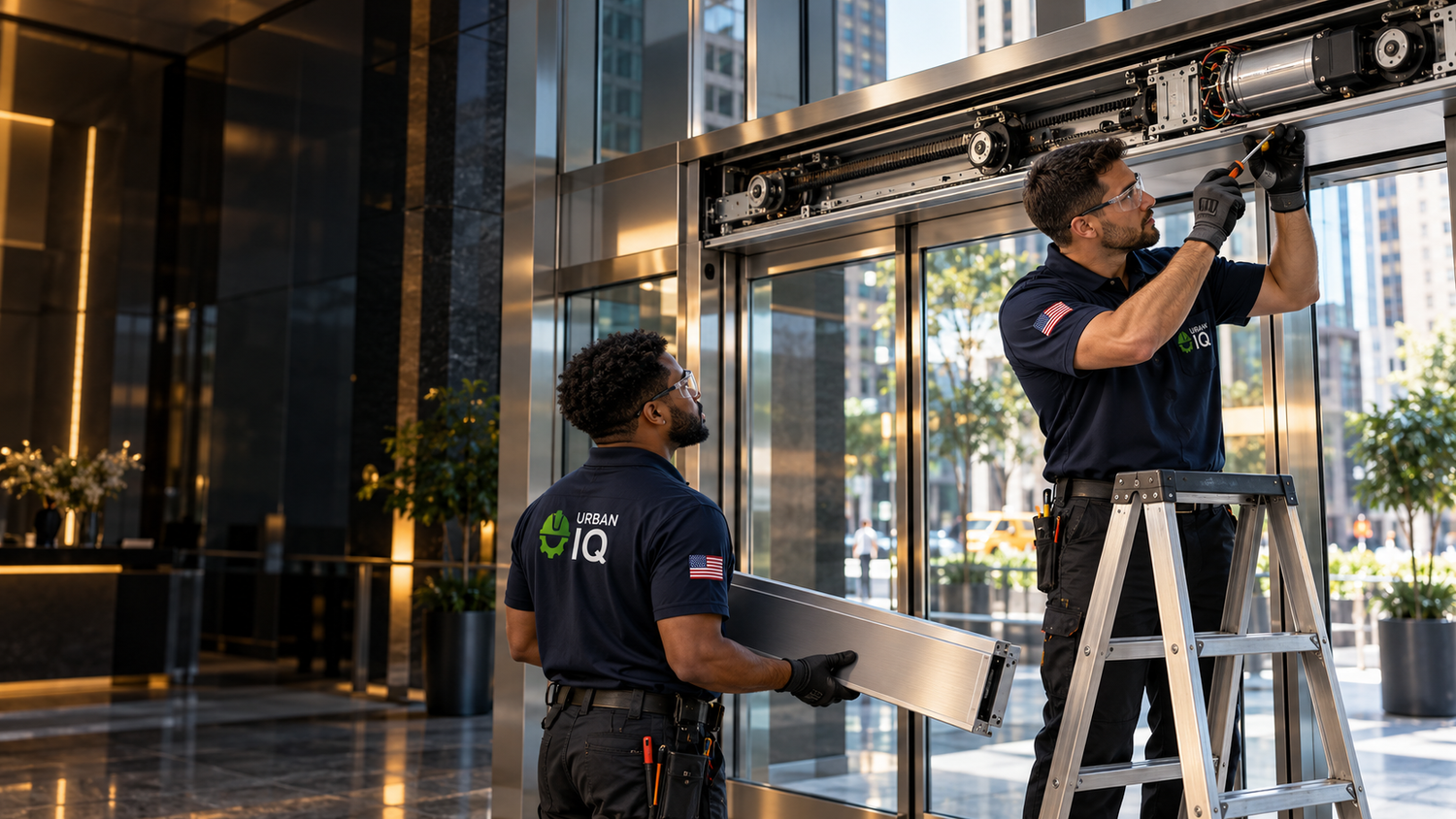 Two uniformed technicians servicing an automatic door operator; one works on the mechanism while the other holds the removed cover.