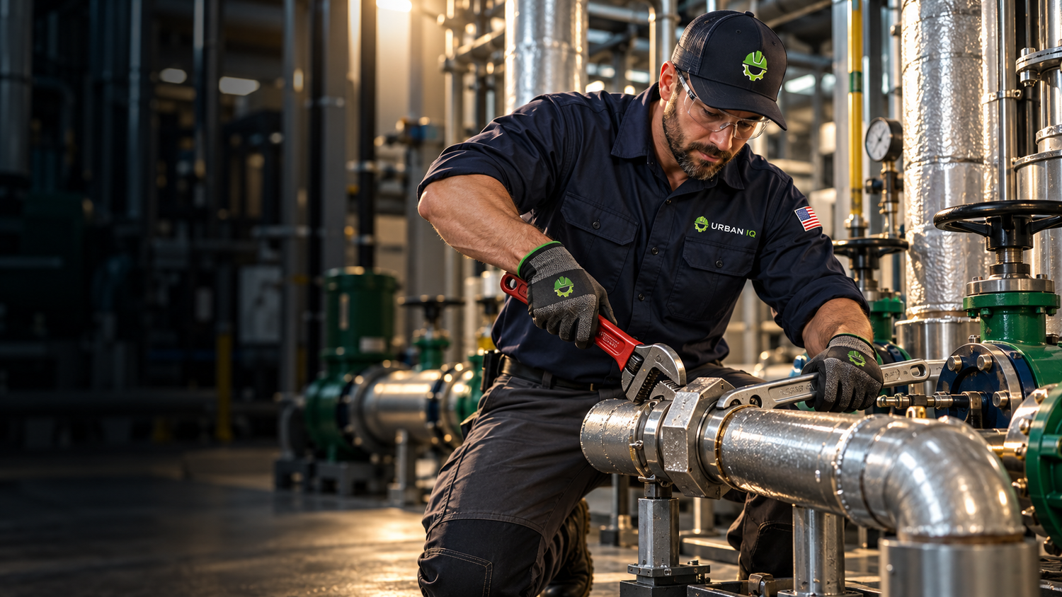 Illustrative technician using wrenches to service building pipework in a branded uniform