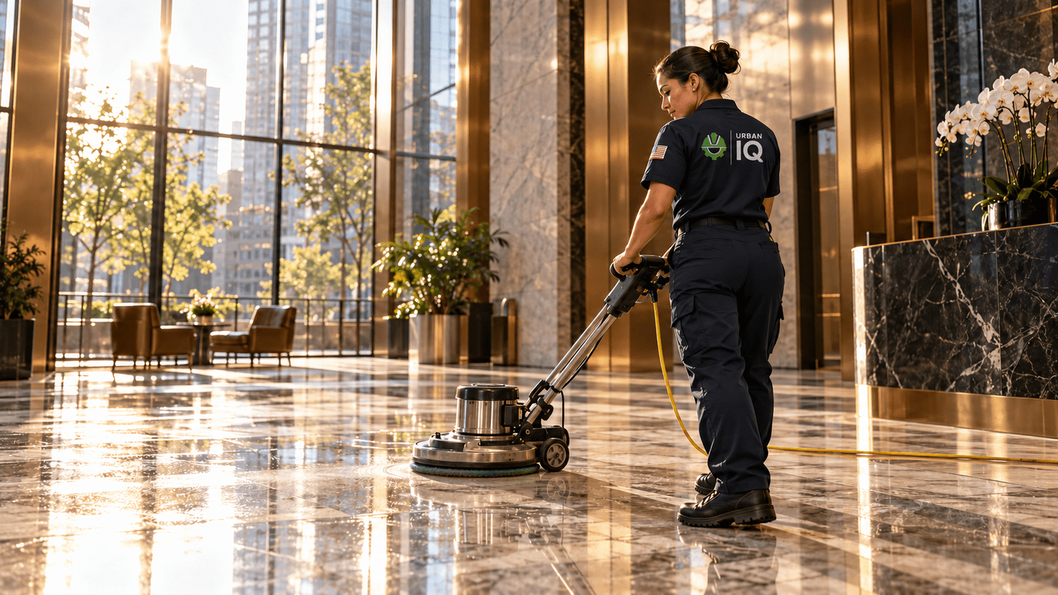 Illustrative uniformed porter guiding a rotary floor buffer through a polished lobby