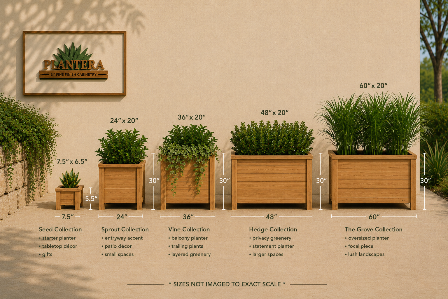 Plantera cedar planter collection with Seed, Sprout, Vine, Hedge, and Grove sizes