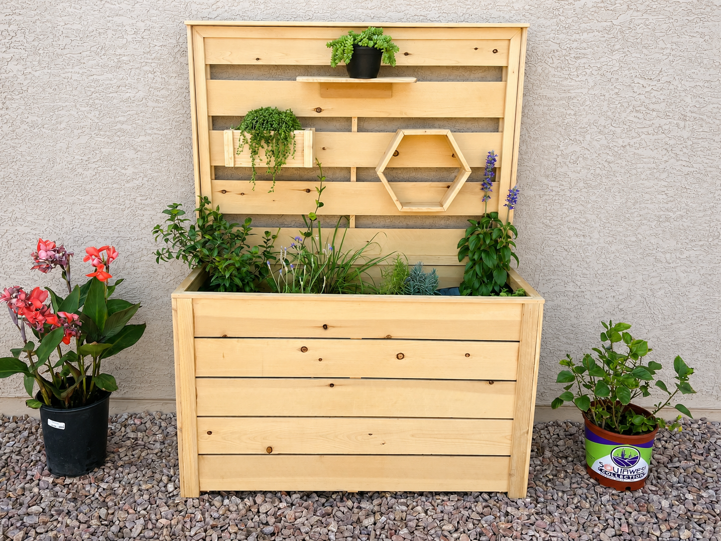 Cedar planter with trellis shelves and garden plants on a patio
