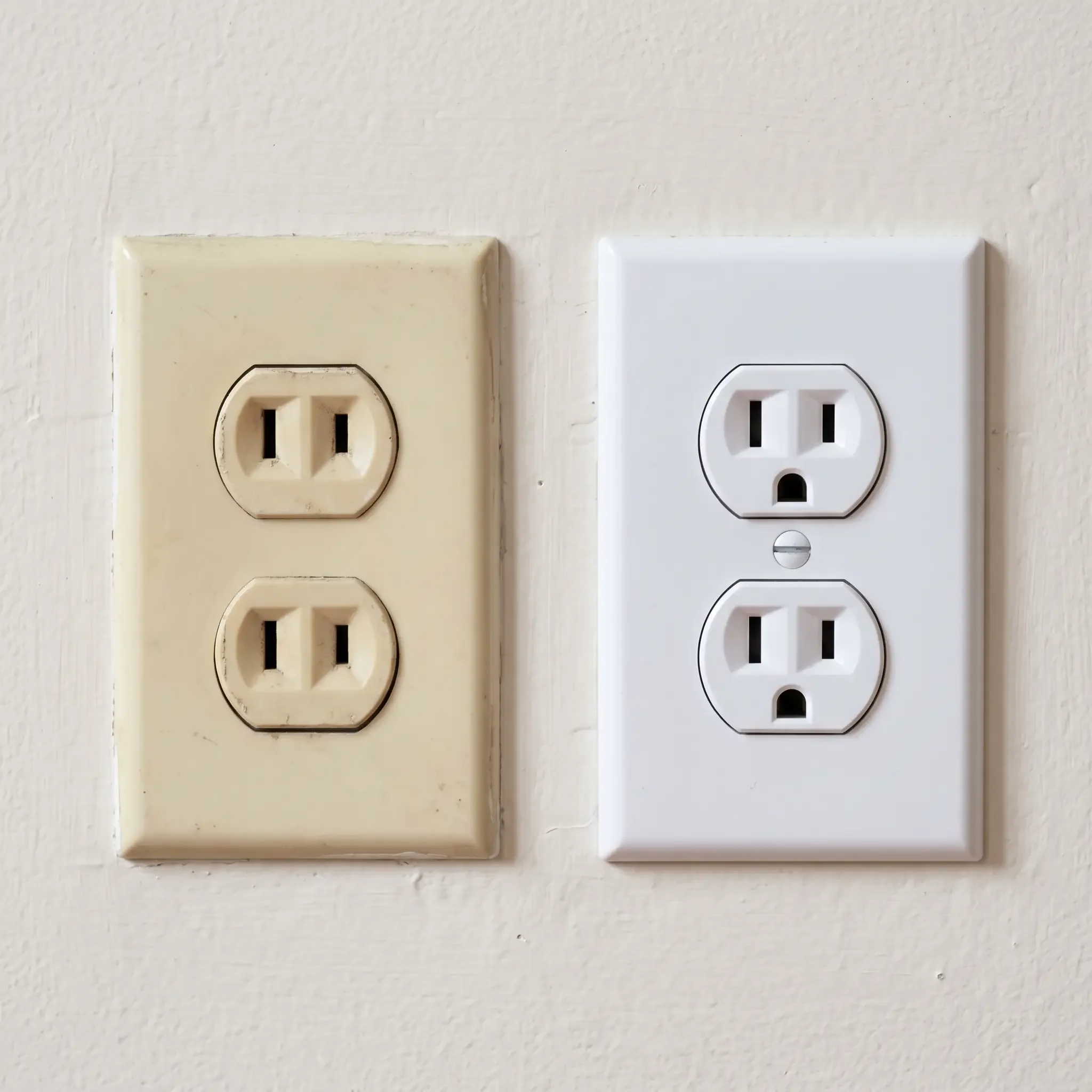An old cream two-prong outlet beside a modern white three-prong outlet. The three-prong outlet looks like a face: two eyes and a round, surprised mouth.