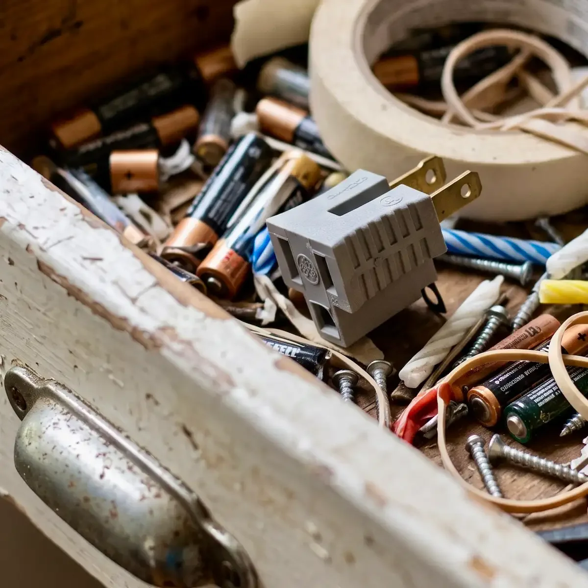 An open kitchen junk drawer holding a gray three-to-two prong adapter among dead batteries, birthday candles, screws, rubber bands and tape.