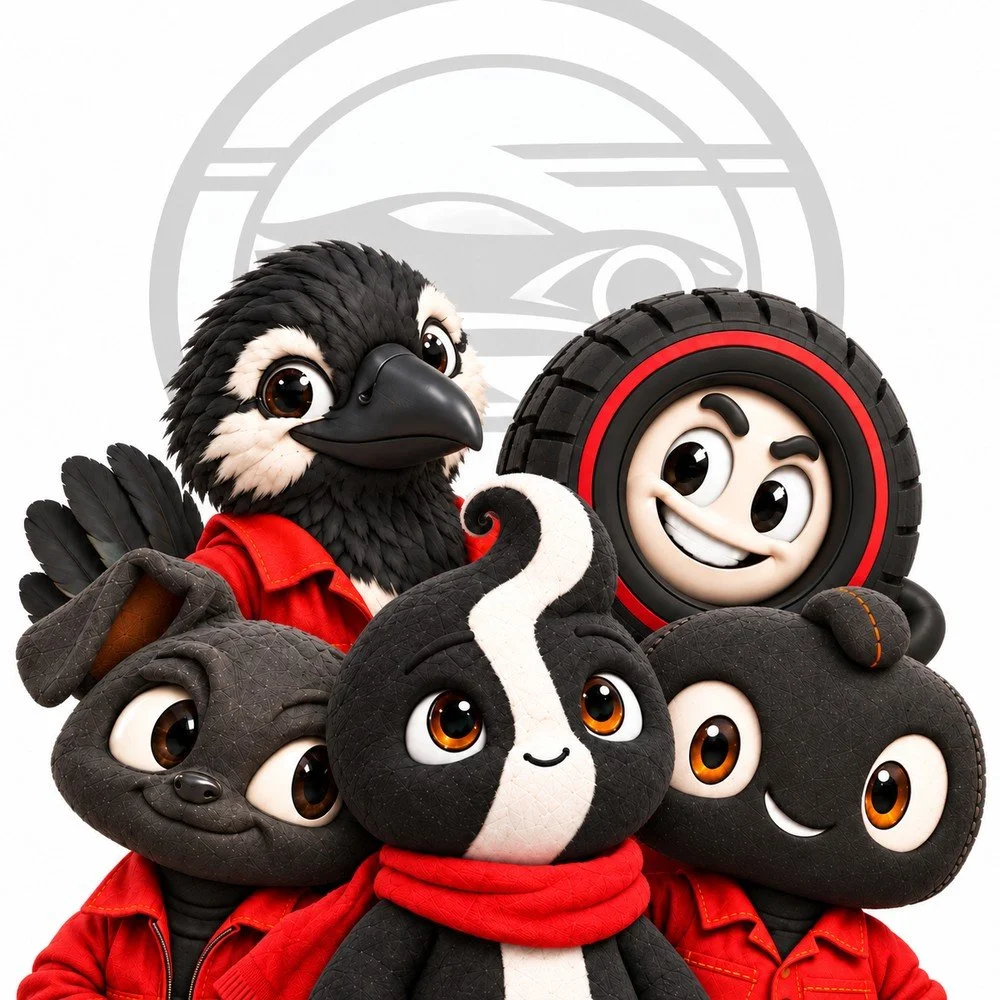 Miles, Hatch, Kit, Rook and Rolli together, with the Auto Culture Society emblem behind them