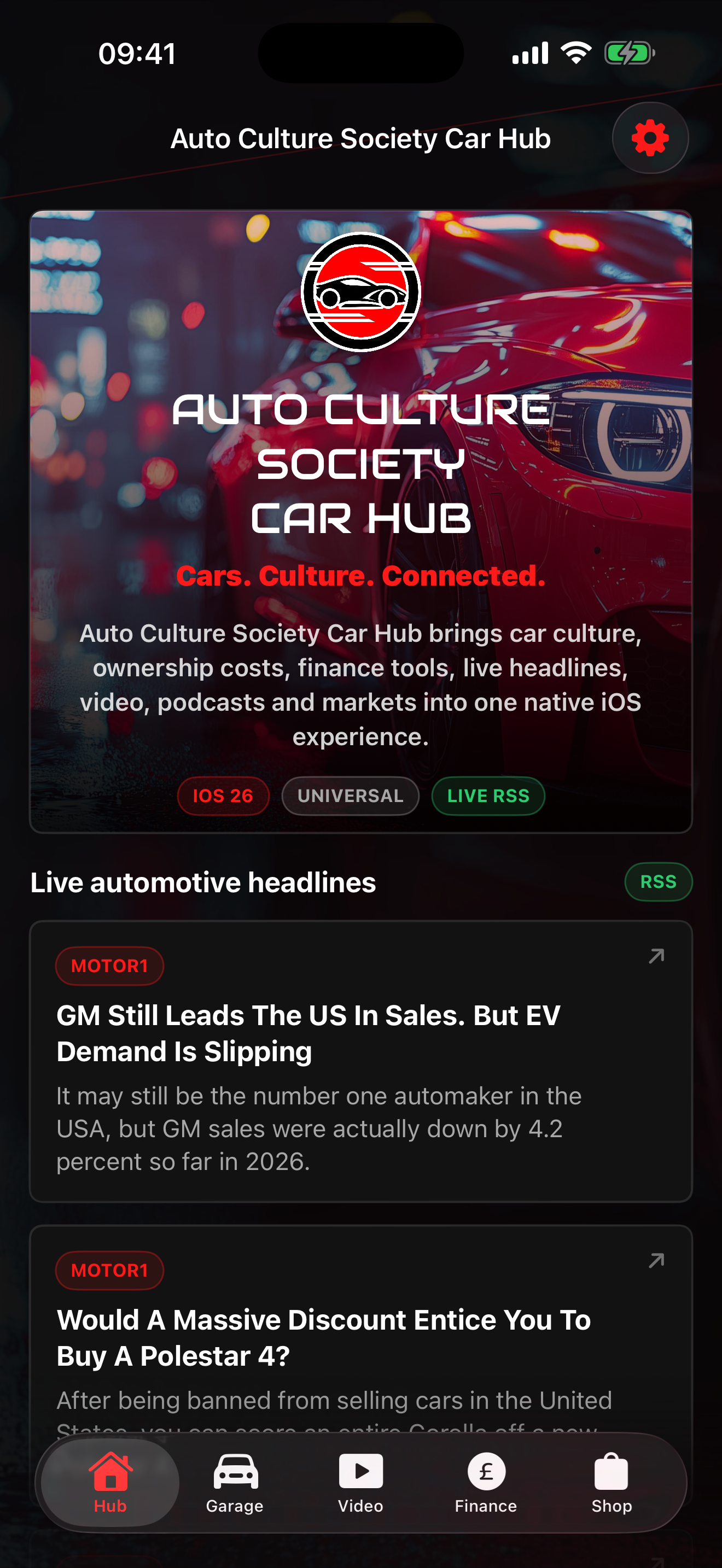 Auto Culture Society Car Hub home screen