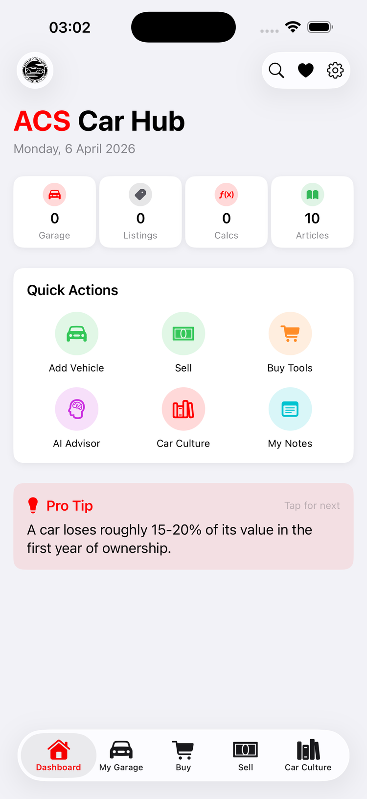 ACS Car Hub dashboard