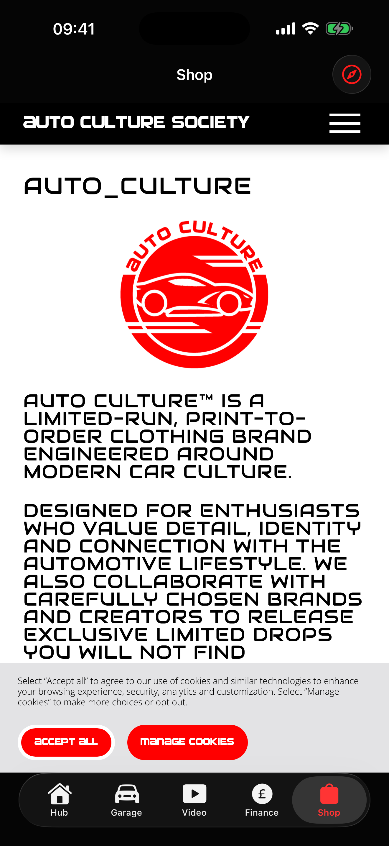 Auto Culture Society Car Hub shop screen
