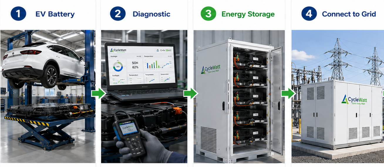 CycleWatt whole-pack utilization process: EV battery, diagnostics, energy storage and grid connection