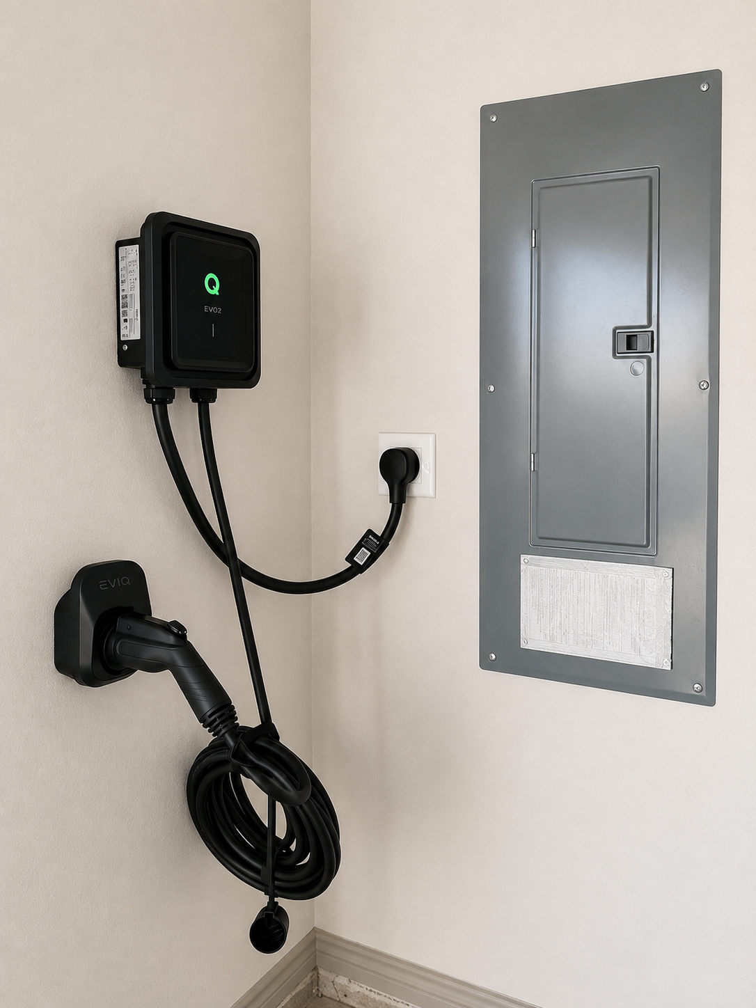 EVIQ charger and NEMA 14-50 outlet installed in a garage